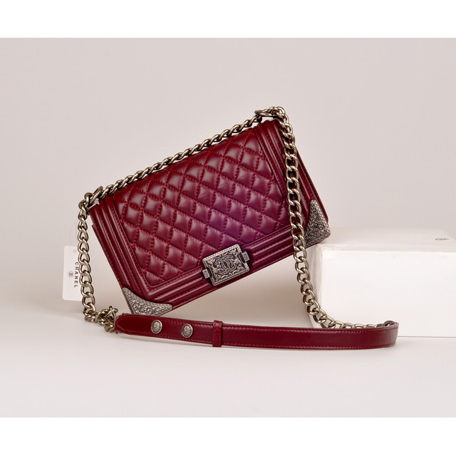 2014 Boy Chanel Flap Bag Embellished with Metal Adornments A90423 Burgundy