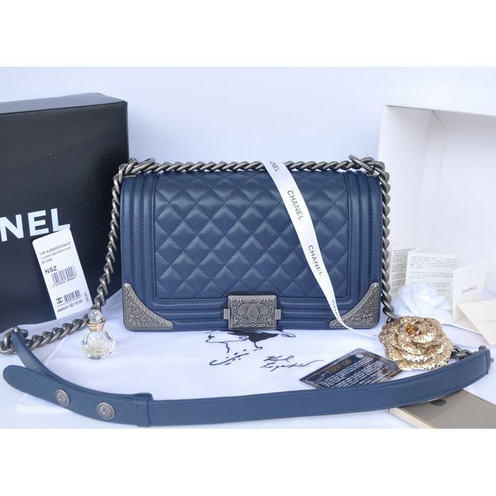 2014 Boy Chanel Flap Bag Embellished with Metal Adornments A90423 Royal