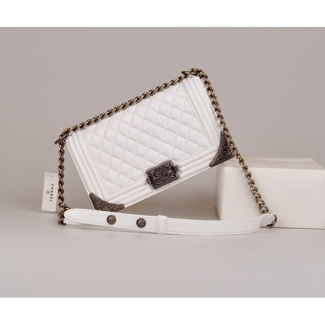 2014 Boy Chanel Flap Bag Embellished with Metal Adornments A90423 White