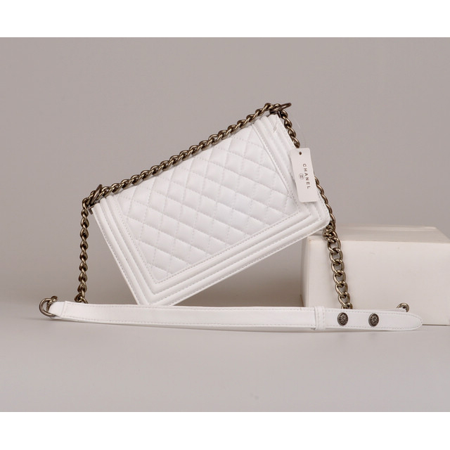 2014 Boy Chanel Flap Bag Embellished with Metal Adornments A90423 White