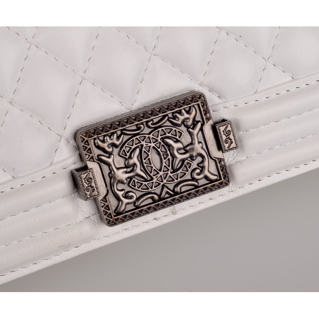 2014 Boy Chanel Flap Bag Embellished with Metal Adornments A90423 White