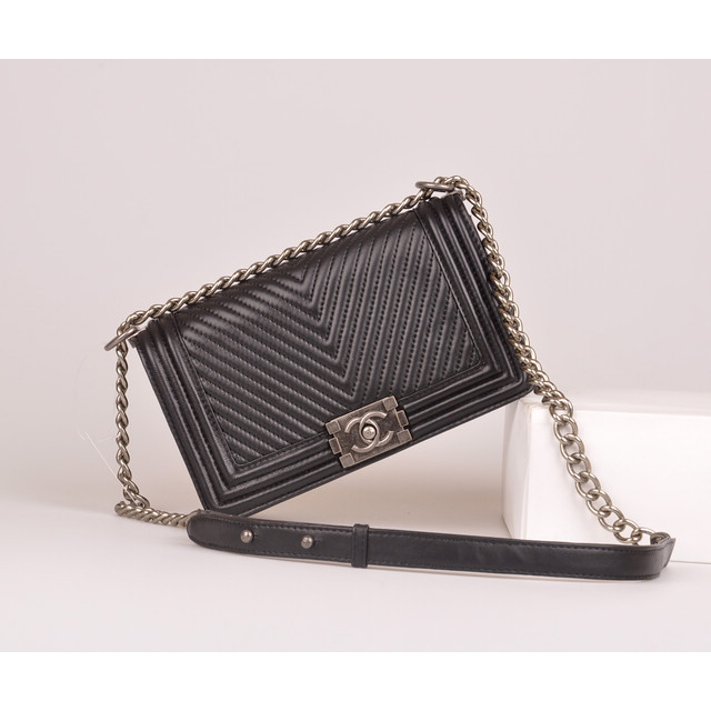 2014 Boy Chanel Flap Shoulder Bag Herringbone Stitching A92493 Black