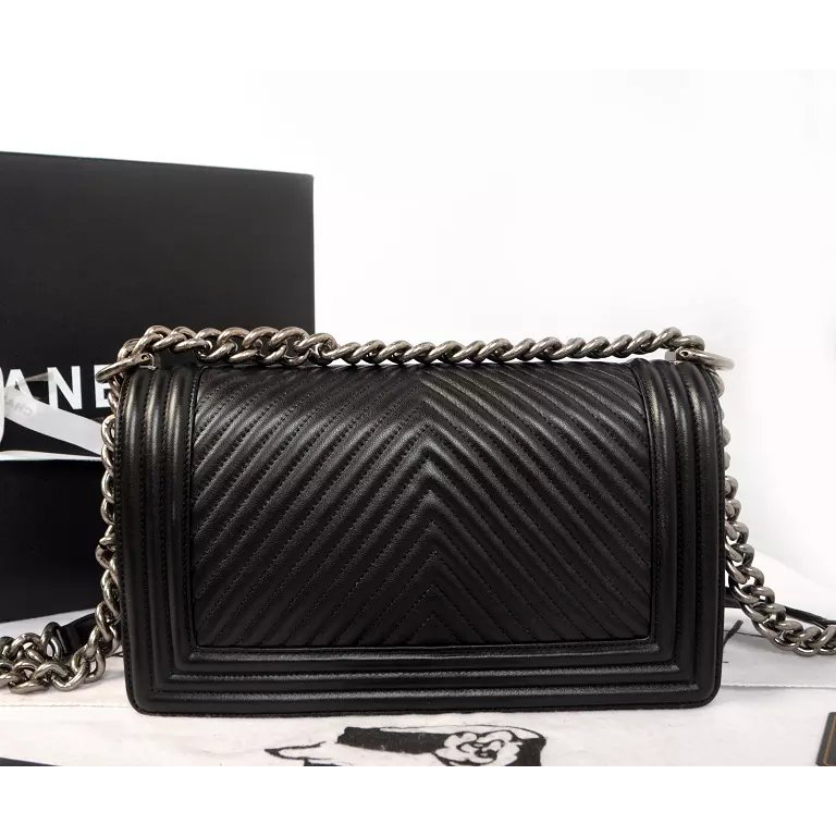 2014 Boy Chanel Flap Shoulder Bag Herringbone Stitching A92493 Black