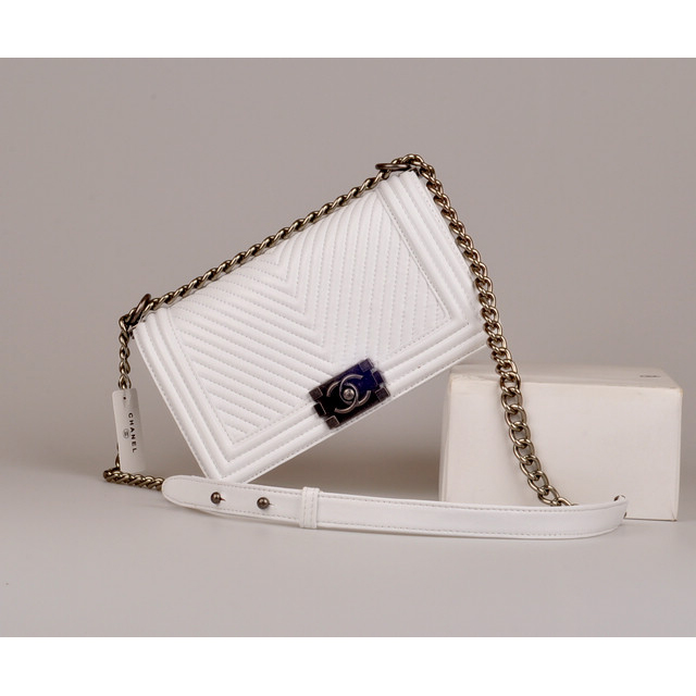 2014 Boy Chanel Flap Shoulder Bag Herringbone Stitching A92493 White