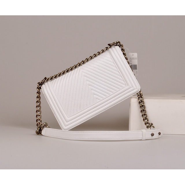 2014 Boy Chanel Flap Shoulder Bag Herringbone Stitching A92493 White