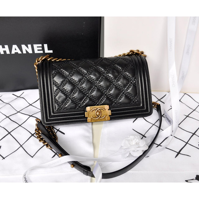 2014 Boy Chanel Flap Shoulder Bag Original Leather A5000 Black with Gold