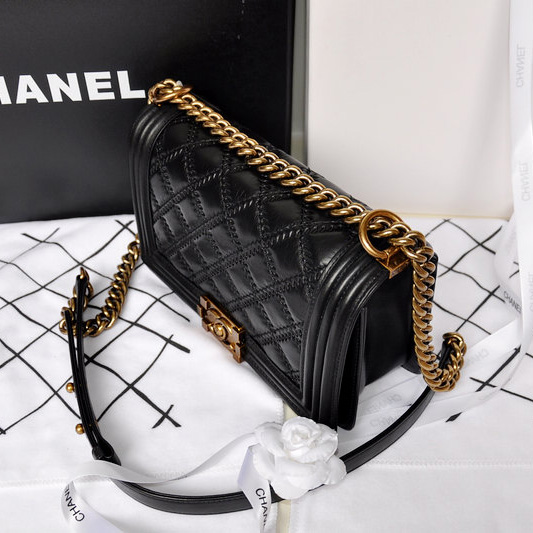 2014 Boy Chanel Flap Shoulder Bag Original Leather A5000 Black with Gold