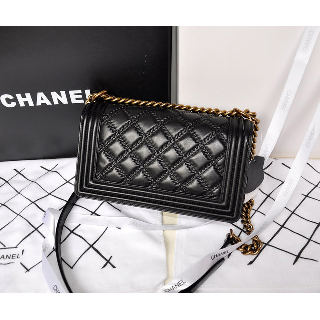 2014 Boy Chanel Flap Shoulder Bag Original Leather A5000 Black with Gold