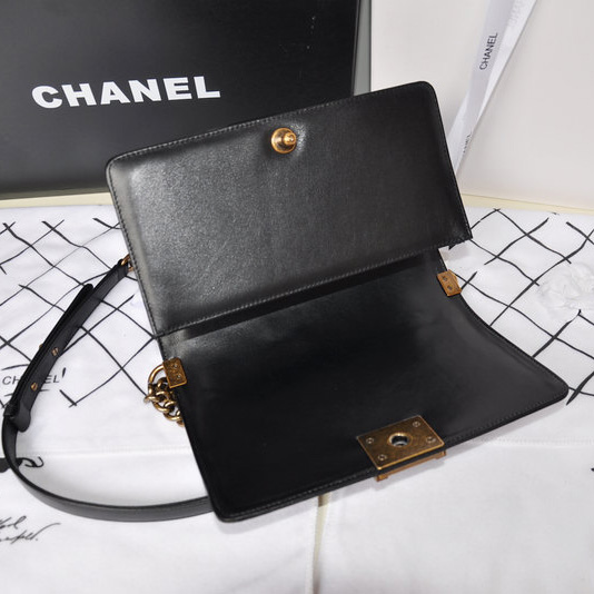 2014 Boy Chanel Flap Shoulder Bag Original Leather A5000 Black with Gold