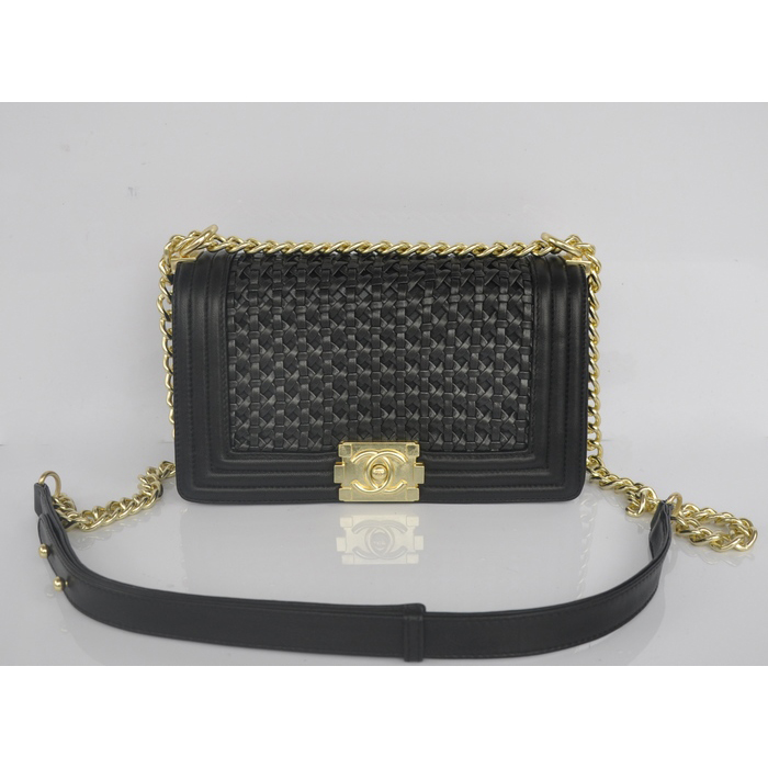 2014 Boy Chanel Flap Shoulder Bag Weave Leather A90181 Black