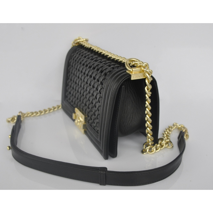 2014 Boy Chanel Flap Shoulder Bag Weave Leather A90181 Black