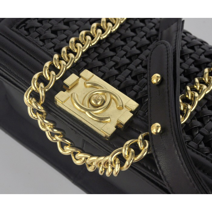 2014 Boy Chanel Flap Shoulder Bag Weave Leather A90181 Black