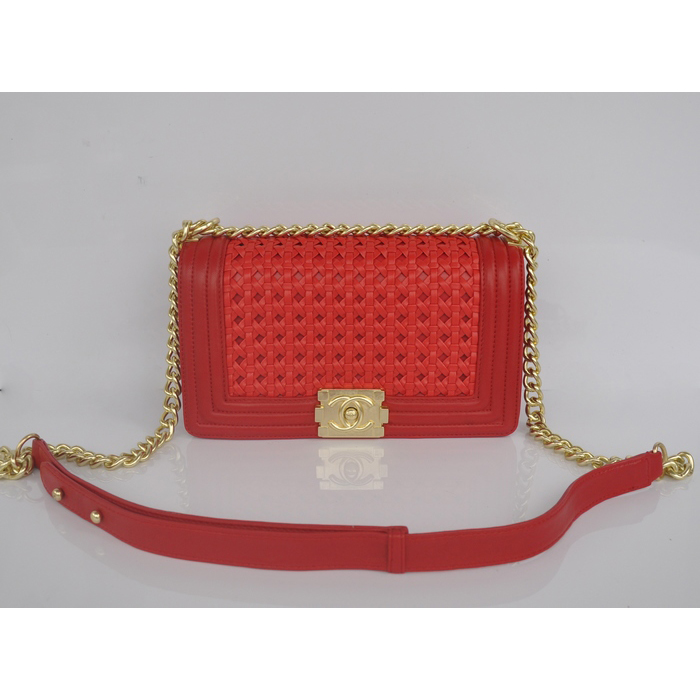 2014 Boy Chanel Flap Shoulder Bag Weave Leather A90181 Red