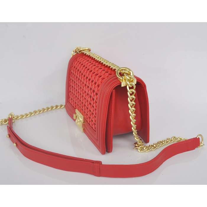 2014 Boy Chanel Flap Shoulder Bag Weave Leather A90181 Red