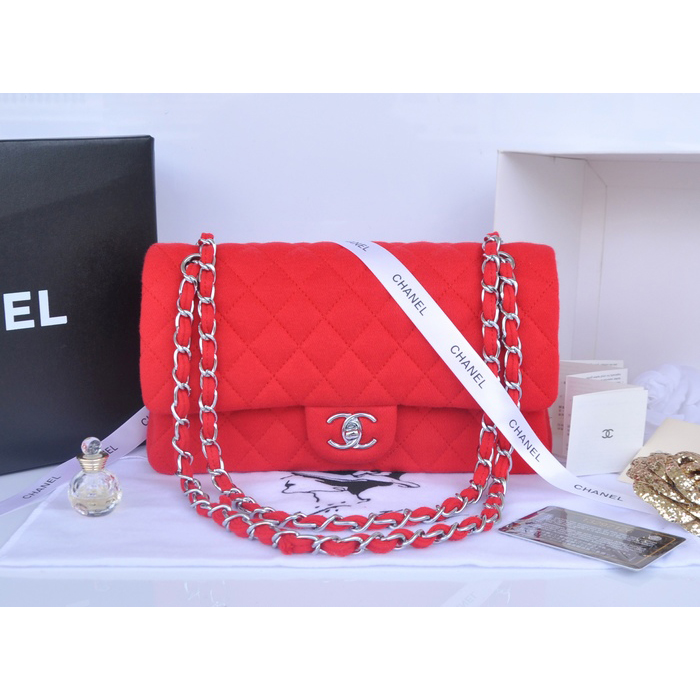 2014 Chanel 2.55 Series Classic Flap Bag Denim Fabric CF1112 Red