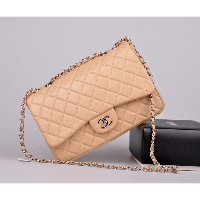 2014 Chanel A28600 Original Leather Classic Flap Bag in Apricot with Silver