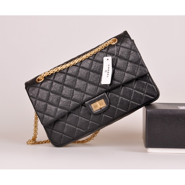 2014 Chanel A30226 Black Original Elephant Grain Leather Flap Bag Gold