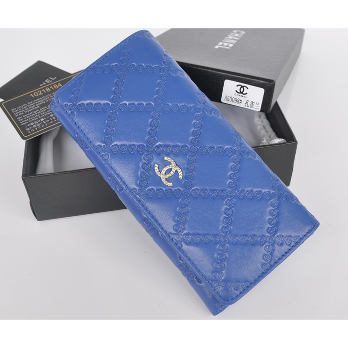 2014 Chanel Bi-Fold Wallet Embossed Leather A50098 Blue