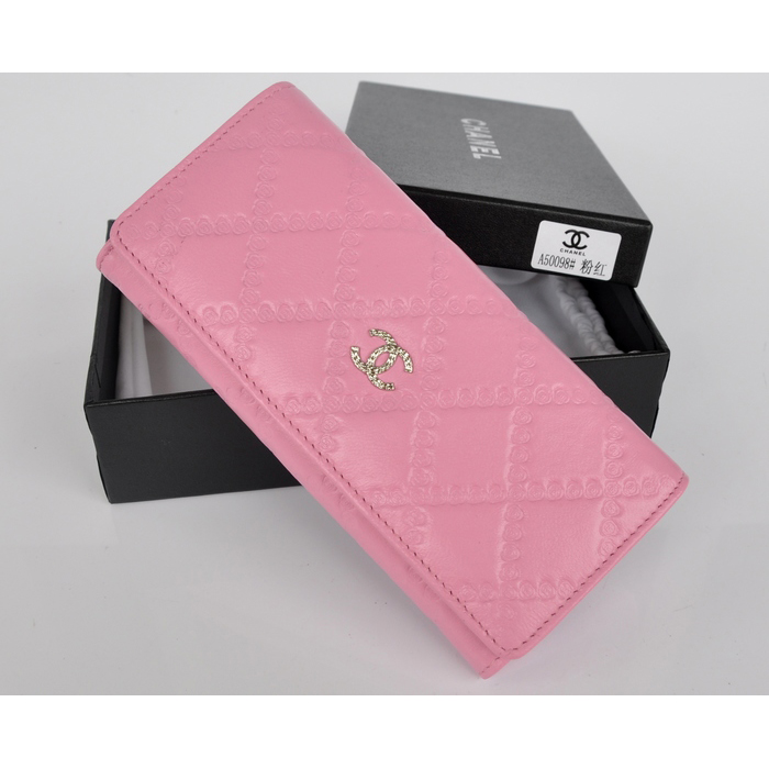 2014 Chanel Bi-Fold Wallet Embossed Leather A50098 Pink