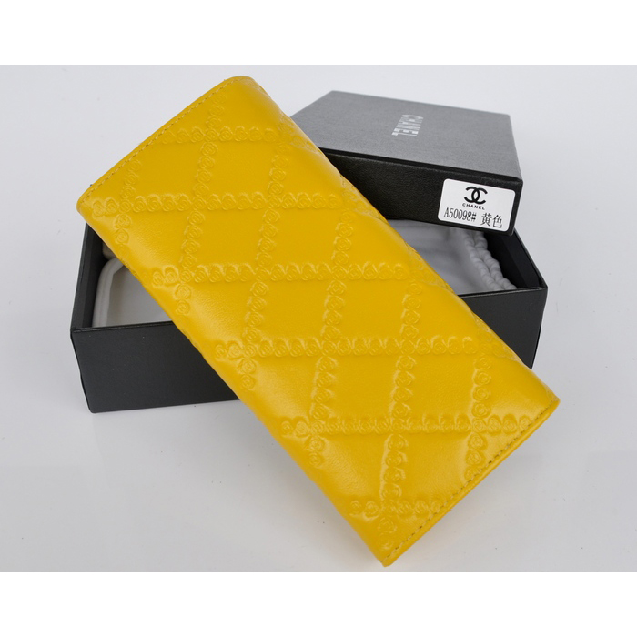 2014 Chanel Bi-Fold Wallet Embossed Leather A50098 Yellow