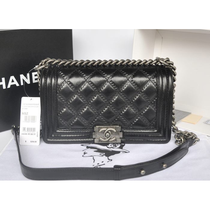 2014 Chanel Boy Flap Shoulder Bag Original Bright Leather A66383 Black