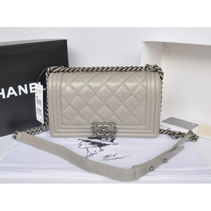 2014 Chanel Boy Flap Shoulder Bag Original Bright Leather A66383 Gray