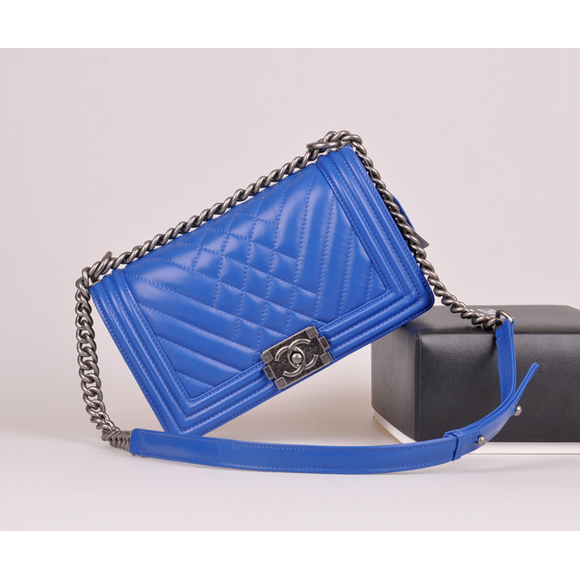 2014 Chanel Boy Flap Shoulder Bag in Original Sheepskin Leather A90191 Blue