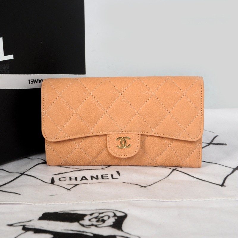 2014 Chanel C006 Apricot Original Cannage Pattern Nubuck Leather Long Tri-Fold Wallet