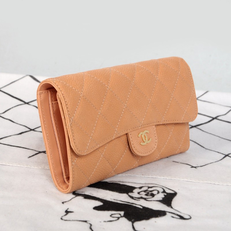 2014 Chanel C006 Apricot Original Cannage Pattern Nubuck Leather Long Tri-Fold Wallet