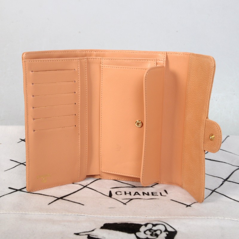 2014 Chanel C006 Apricot Original Cannage Pattern Nubuck Leather Long Tri-Fold Wallet