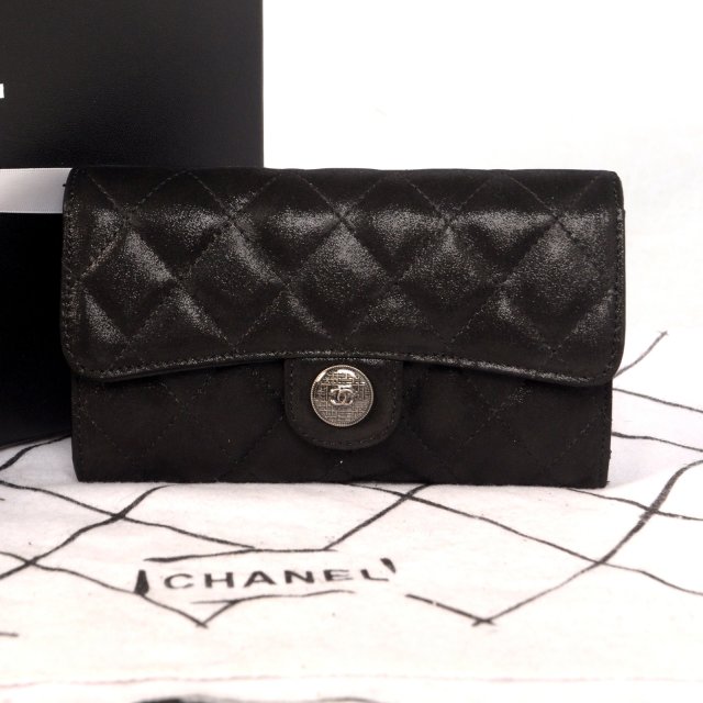 2014 Chanel C006 Black Original Leather Long Tri-Fold Wallet with Silver