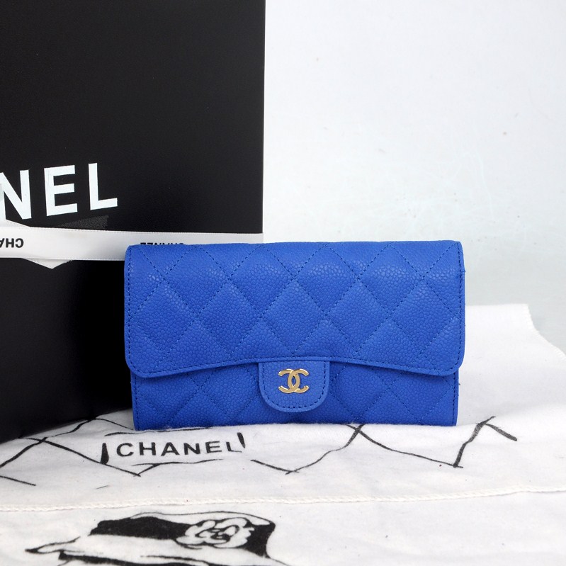 2014 Chanel C006 Blue Original Cannage Pattern Nubuck Leather Long Tri-Fold Wallet