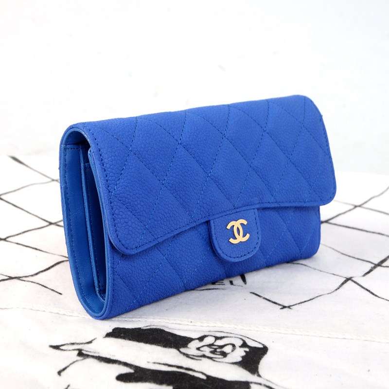 2014 Chanel C006 Blue Original Cannage Pattern Nubuck Leather Long Tri-Fold Wallet