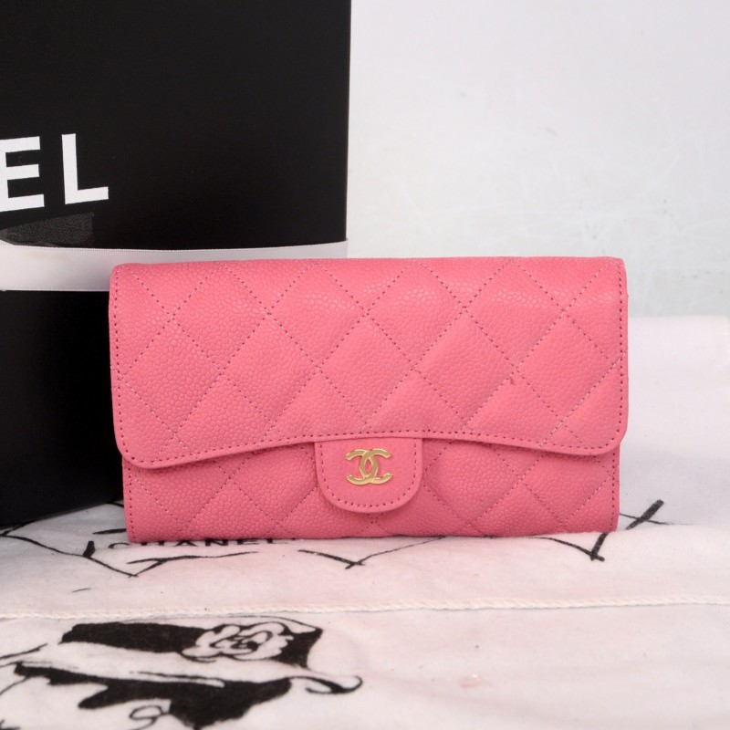 2014 Chanel C006 Pink Original Cannage Pattern Nubuck Leather Long Tri-Fold Wallet