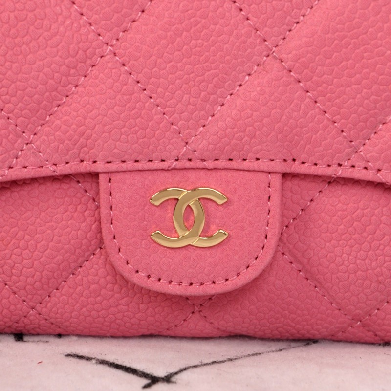 2014 Chanel C006 Pink Original Cannage Pattern Nubuck Leather Long Tri-Fold Wallet