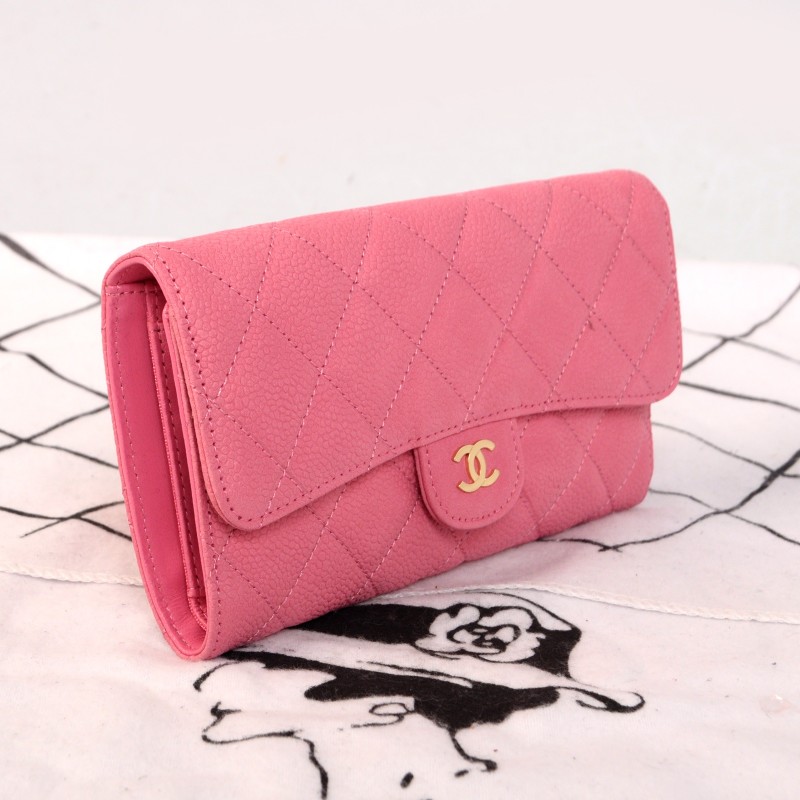 2014 Chanel C006 Pink Original Cannage Pattern Nubuck Leather Long Tri-Fold Wallet