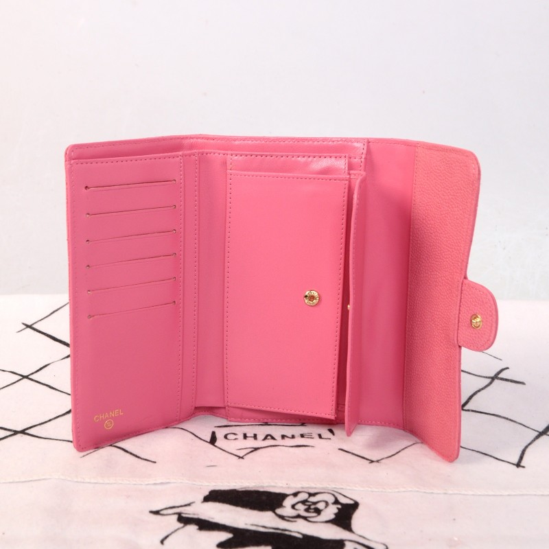 2014 Chanel C006 Pink Original Cannage Pattern Nubuck Leather Long Tri-Fold Wallet