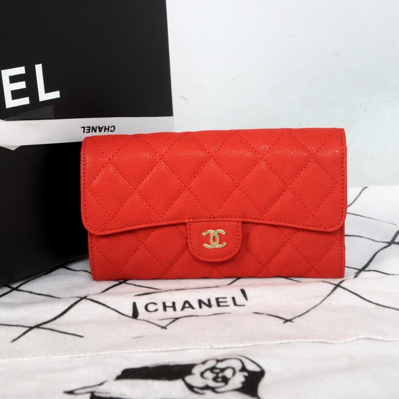 2014 Chanel C006 Red Original Cannage Pattern Nubuck Leather Long Tri-Fold Wallet