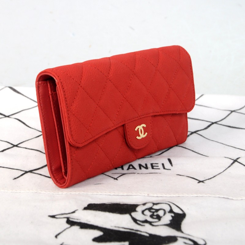 2014 Chanel C006 Red Original Cannage Pattern Nubuck Leather Long Tri-Fold Wallet