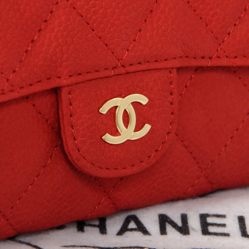 2014 Chanel C006 Red Original Cannage Pattern Nubuck Leather Long Tri-Fold Wallet