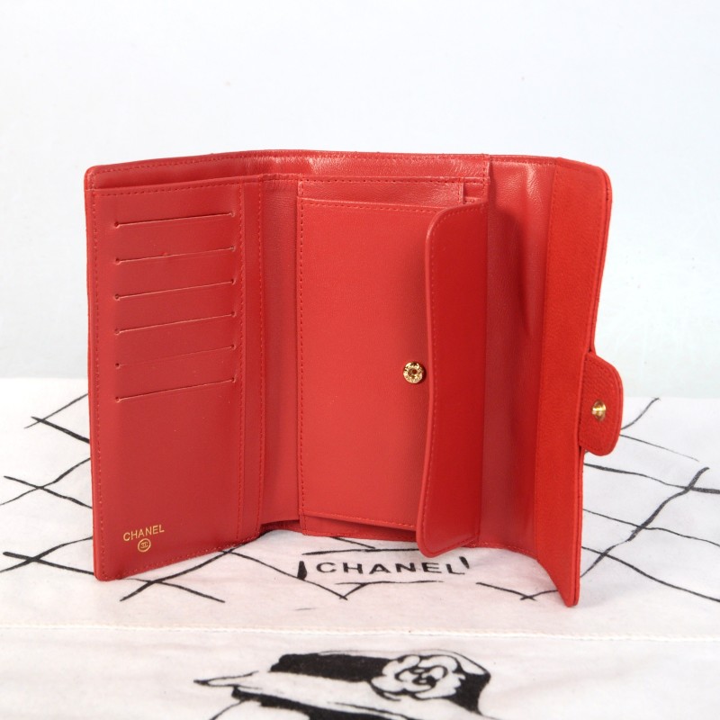 2014 Chanel C006 Red Original Cannage Pattern Nubuck Leather Long Tri-Fold Wallet