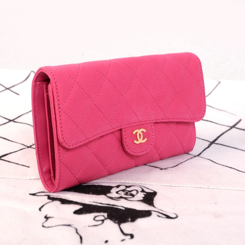 2014 Chanel C006 Rose Original Cannage Pattern Nubuck Leather Long Tri-Fold Wallet