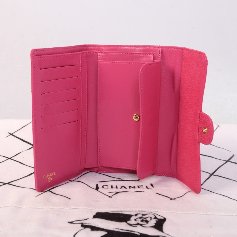 2014 Chanel C006 Rose Original Cannage Pattern Nubuck Leather Long Tri-Fold Wallet