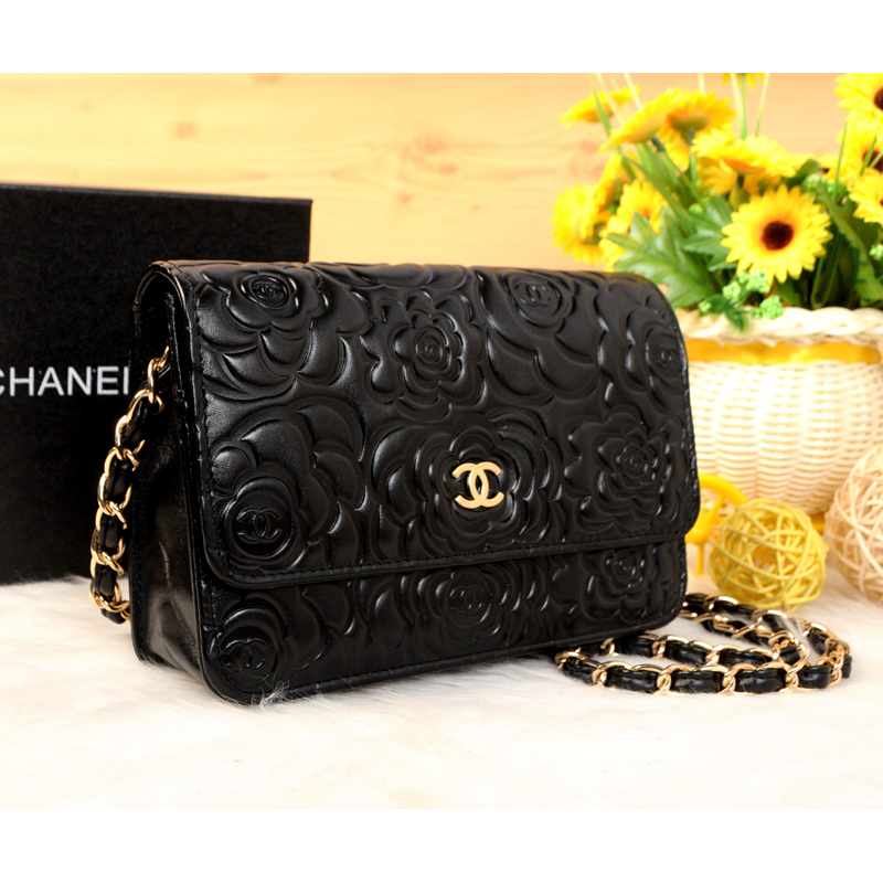 2014 Chanel Camellia Leather mini Flap Bag A088 Black