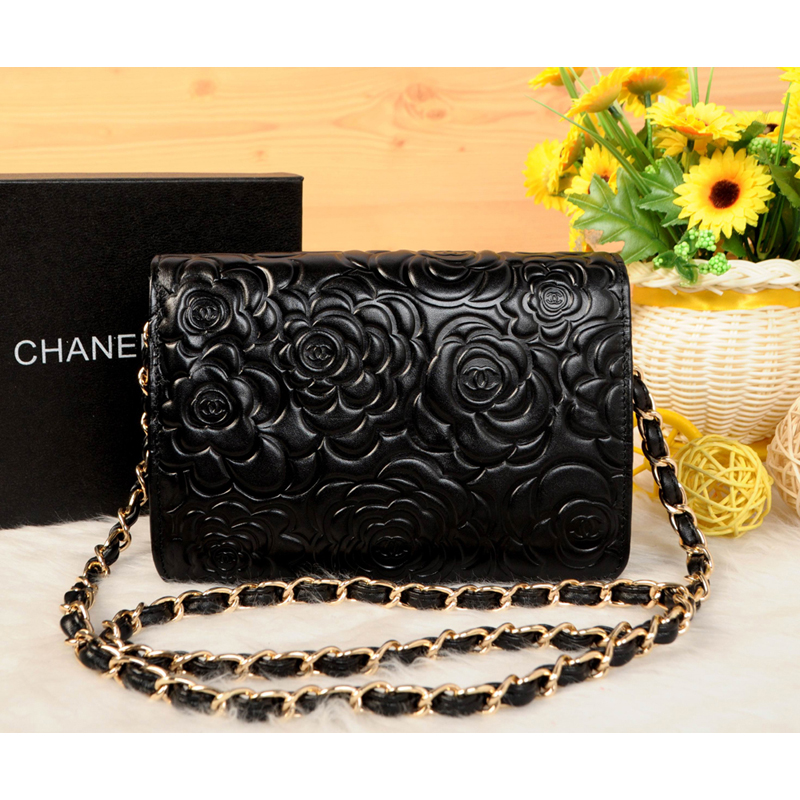 2014 Chanel Camellia Leather mini Flap Bag A088 Black