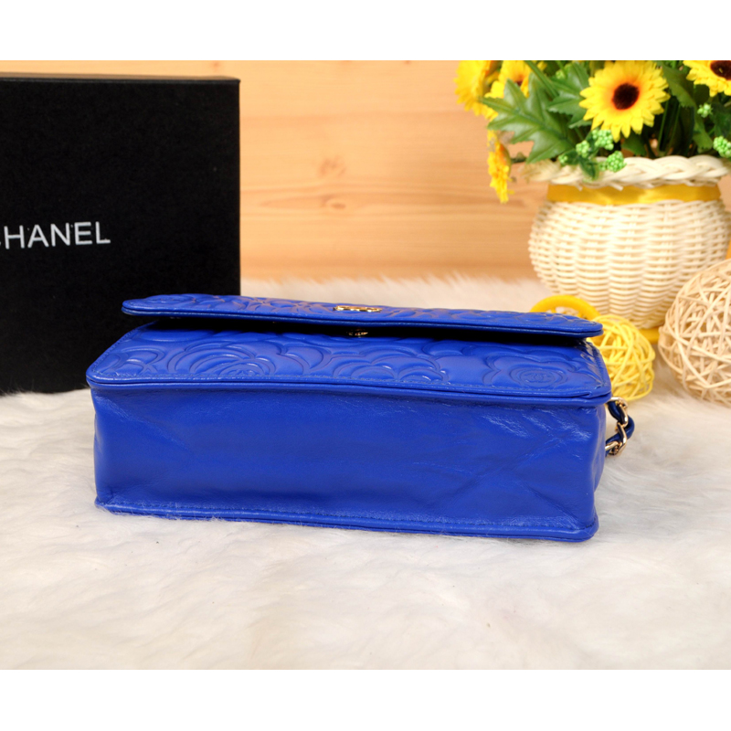 2014 Chanel Camellia Leather mini Flap Bag A088 Blue