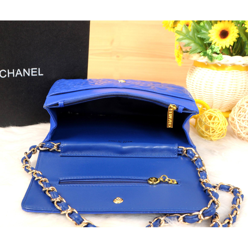 2014 Chanel Camellia Leather mini Flap Bag A088 Blue