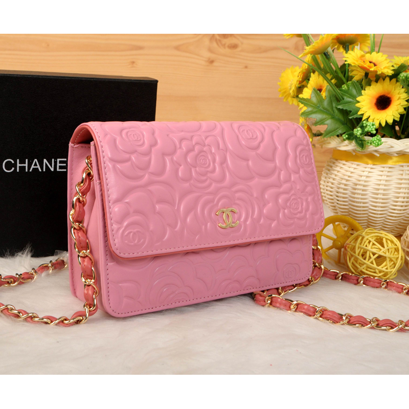 2014 Chanel Camellia Leather mini Flap Bag A088 Pink