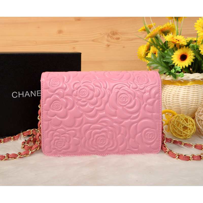 2014 Chanel Camellia Leather mini Flap Bag A088 Pink