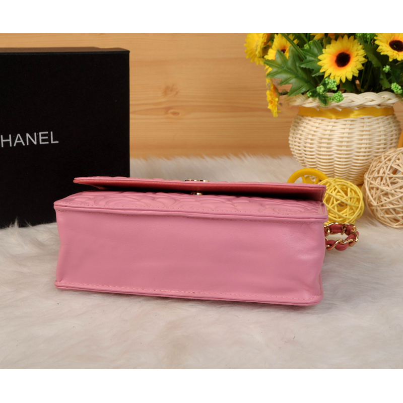 2014 Chanel Camellia Leather mini Flap Bag A088 Pink